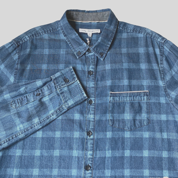 Jane + Delancey Windowpane Plaid Shirt Men M Vintage Washed Blue Button Down NWT - Picture 1 of 11